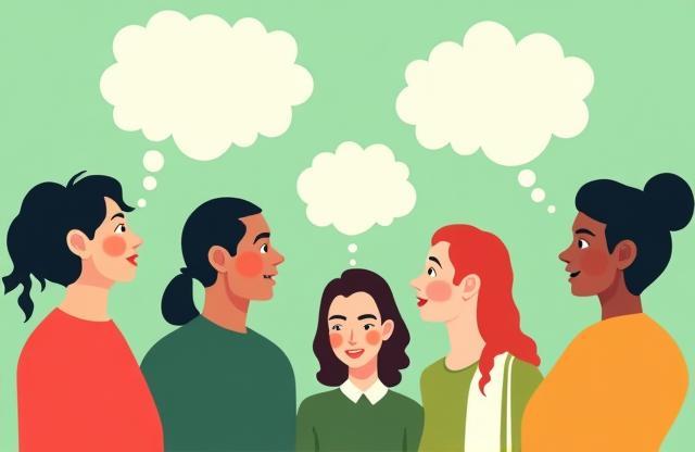 Colourful illustration depicting diverse people interacting with thought bubbles, representing feedback and communication.