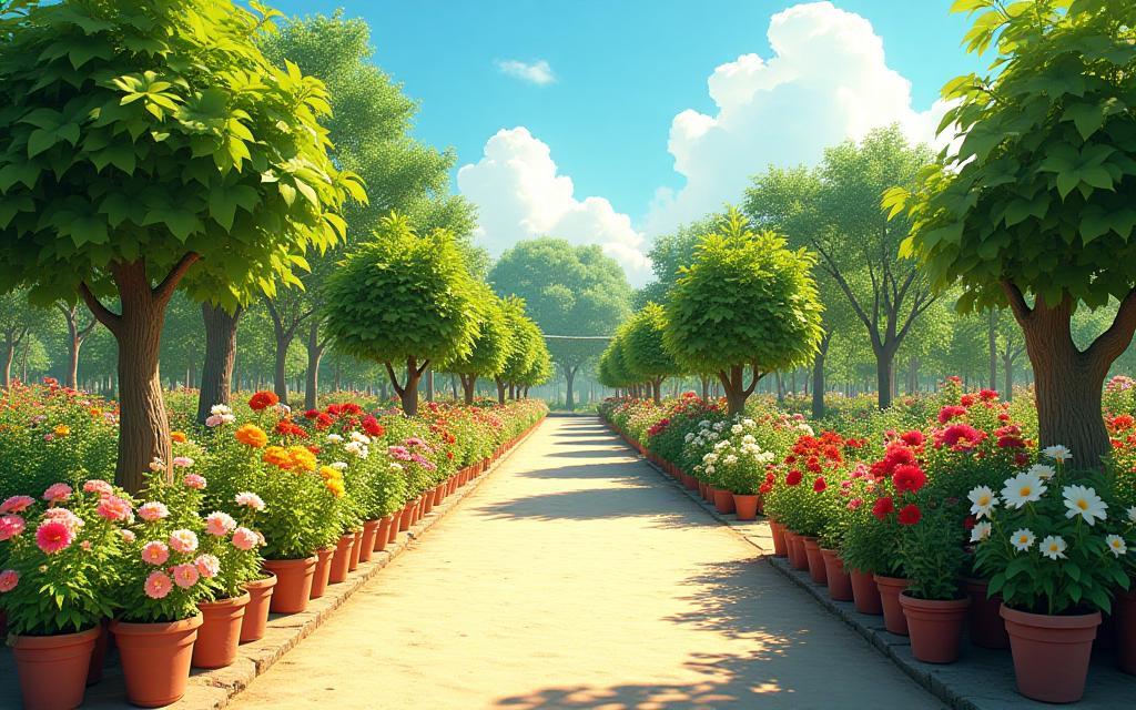 Vibrant entrance view of Green Patch Nurseries with lush plants, colourful flowers, and inviting pathways under a clear sky.
