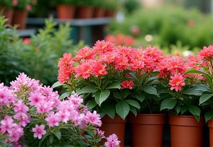 A vibrant display of healthy potted flowers and plants, including colourful petunias and lush foliage, under natural light.