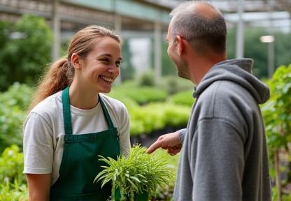 A friendly Green Patch Nurseries staff member in a green uniform is smiling and talking to a customer, pointing towards a plant while giving advice.