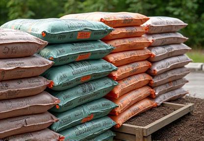 Stacks of large bags containing various types of soil, potting mix, and garden mulch, ready for sale in a nursery yard.