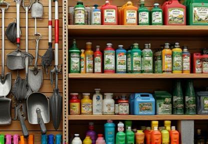 A shelf stocked with various gardening tools, bottles of liquid fertilizer, pest control sprays, and other essential garden maintenance supplies.